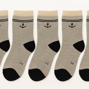 5-Pack Kids Crew Socks – Gray & Beige Nautical Anchor Design – Soft Cotton Blend